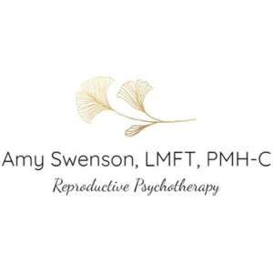 Logo with a gold botanical illustration above the text "Amy Swenson, LMFT, PMH-C" and "Reproductive Psychotherapy" below, highlighting support for pelvic health and overall wellbeing. , Kiara Health Fertility