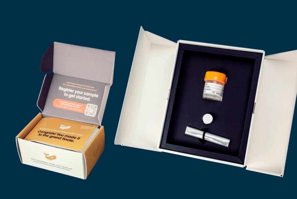 Two opened kits are shown: one with a congratulatory message and registration instructions, the other containing a specimen container, capped vial, and a sealed tube, all on a dark blue background. , Kiara Health Fertility