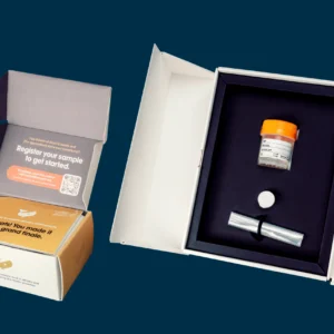 Two opened kits are shown: one with a congratulatory message and registration instructions, the other containing a specimen container, capped vial, and a sealed tube, all on a dark blue background. , Kiara Health Fertility