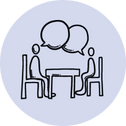 Two stick-figure people sitting across a table, each with a speech bubble above their heads, indicating a conversation. , Kiara Health Fertility