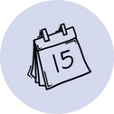 A simple drawing of a calendar displaying the number 15, set against a light purple circular background. , Kiara Health Fertility