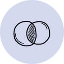 Black outline of a Venn diagram with two overlapping circles and the intersection shaded, on a light purple circular background. , Kiara Health Fertility