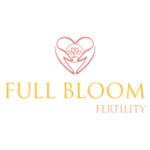 Logo for Full Bloom Fertility featuring an abstract outline of a person holding a blooming flower inside a heart shape, highlighting pelvic wellness, with the company name in yellow and orange text below. , Kiara Health Fertility