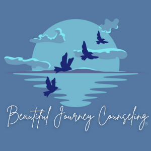 Logo for Beautiful Journey Counseling with silhouettes of birds flying over water, a large moon or sun in the background, and cursive text at the bottom—reflecting a serene journey toward mental wellness and pelvic health. , Kiara Health Fertility