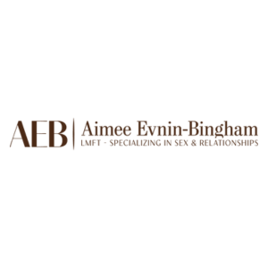 A logo with the initials "AEB" and the text "Aimee Evnin-Bingham LMFT - Specializing in Sex, Relationships, & Pelvic Health" in brown lettering on a white background. , Kiara Health Fertility