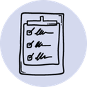 A hand-drawn clipboard with a checklist, inspired by Kiara health, displays three items—each with a checkbox and wavy text—set against a light blue circular background. , Kiara Health Fertility
