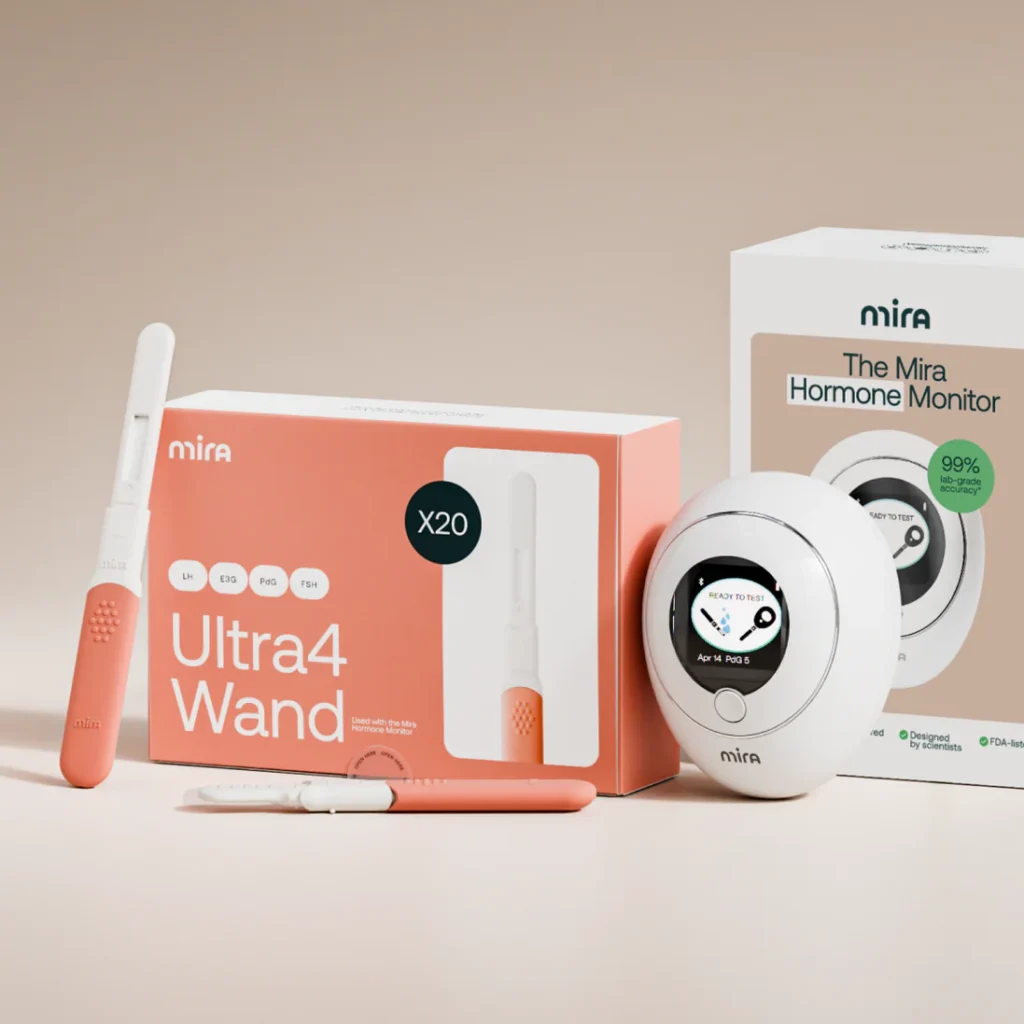 Mira Ultra4 Kit test devices and a box labeled Mira Hormone Monitor are displayed on a beige surface. , Kiara Health Fertility