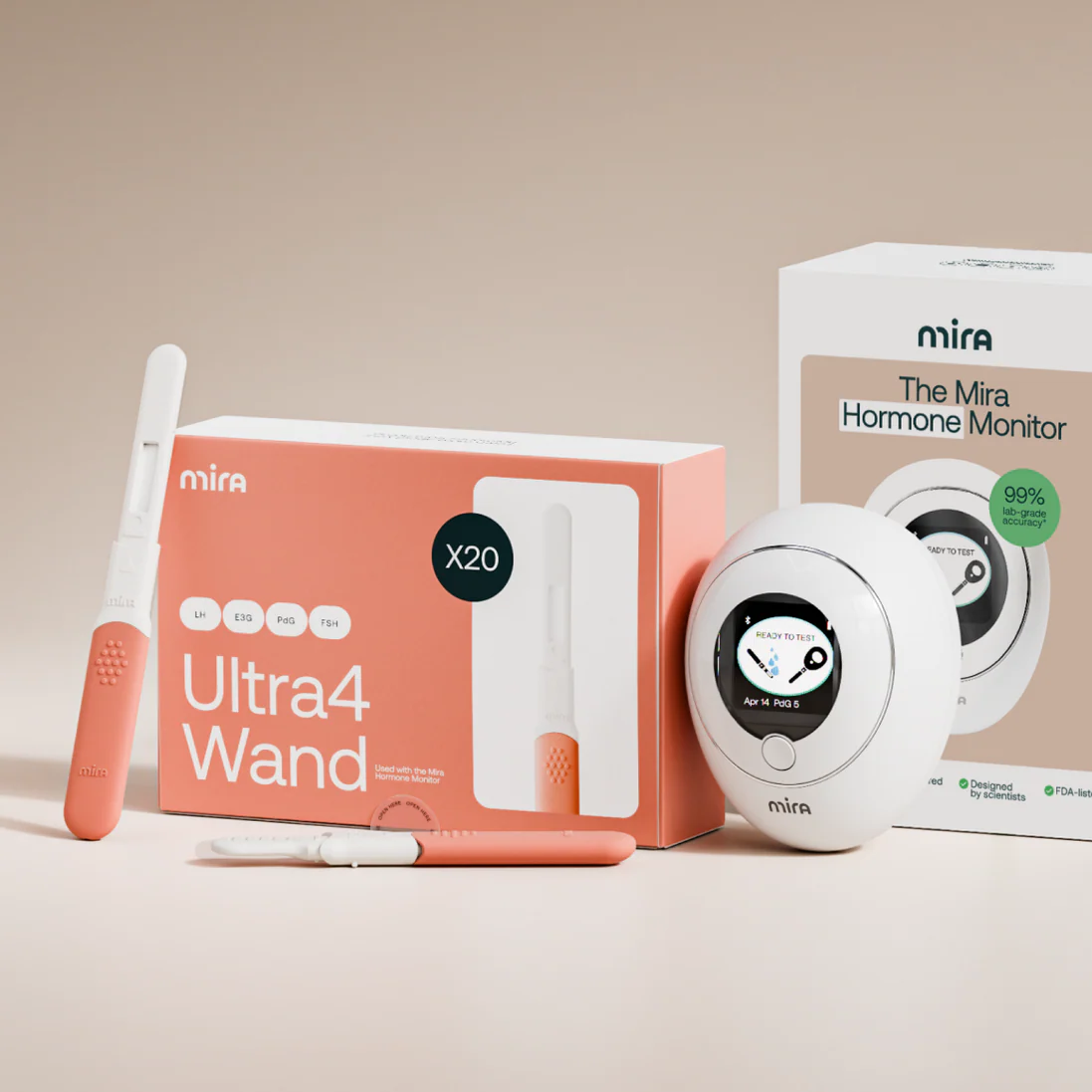 Mira Ultra4 Kit test devices and a box labeled Mira Hormone Monitor are displayed on a beige surface. , Kiara Health Fertility