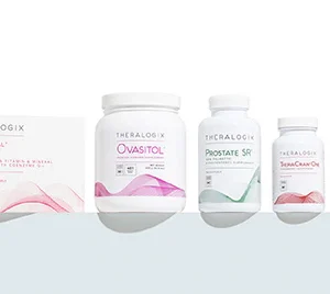 Five Theralogix supplement bottles and boxes, including TheraNatal OvaVite, Ovasitol, Prostate SR, SemaCalm Ovi, and OvaSupport, displayed against a plain white background. , Kiara Health Fertility