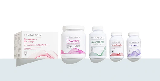 Five Theralogix supplement bottles and boxes, including TheraNatal OvaVite, Ovasitol, Prostate SR, SemaCalm Ovi, and OvaSupport, displayed against a plain white background. , Kiara Health Fertility