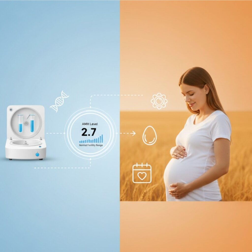 A split image features a fertility test device and AMH level chart on the left, while a pregnant woman stands in a field on the right, with fertility-related icons overlaid for emphasis. , Kiara Health Fertility