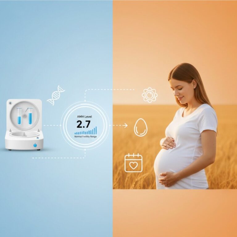 A split image features a fertility test device and AMH level chart on the left, while a pregnant woman stands in a field on the right, with fertility-related icons overlaid for emphasis. , Kiara Health Fertility