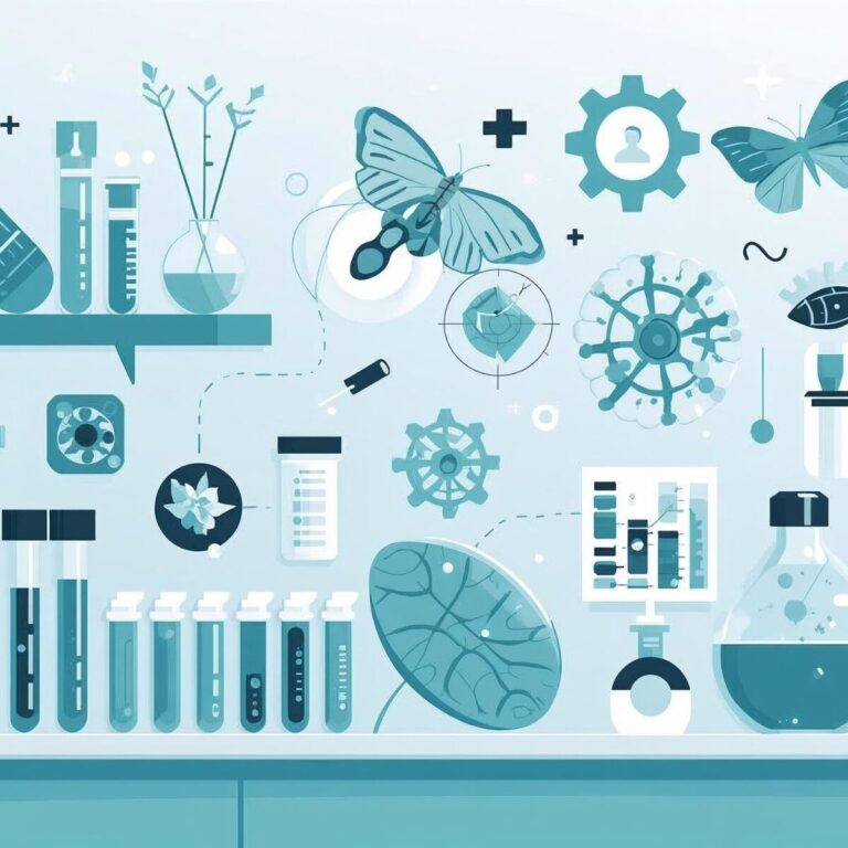 Illustration of a science lab with test tubes, beakers, scientific diagrams, butterflies, and molecular structures arranged on a lab counter and shelves, highlighting fertility diagnostics and various lab tests in progress. , Kiara Health Fertility