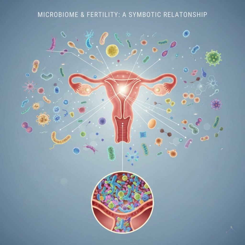 Illustration of a uterus surrounded by various microbes, highlighting the relationship between the vaginal microbiome and fertility; inset shows a close-up of microbes, emphasizing their impact on women’s health. , Kiara Health Fertility