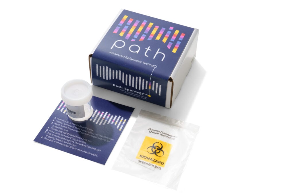 A sperm test kit including a collection cup, instructions, a biohazard specimen bag, and a branded box labeled "path Advanced Epigenetic Testing. , Kiara Health Fertility