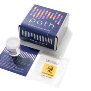 A sperm test kit including a collection cup, instructions, a biohazard specimen bag, and a branded box labeled "path Advanced Epigenetic Testing. , Kiara Health Fertility