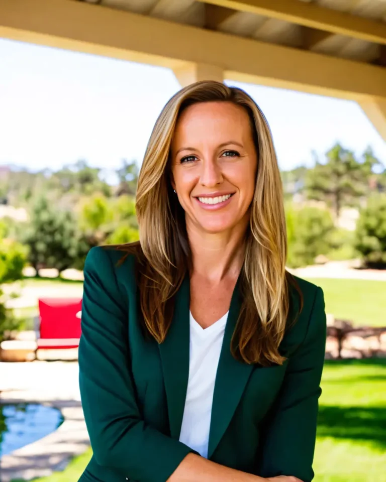 A woman with long blonde hair, wearing a green blazer and white shirt, stands outside under a covered patio, with greenery and trees in the background—inviting you to discover more about her Free Coaching Session. , Kiara Health Fertility