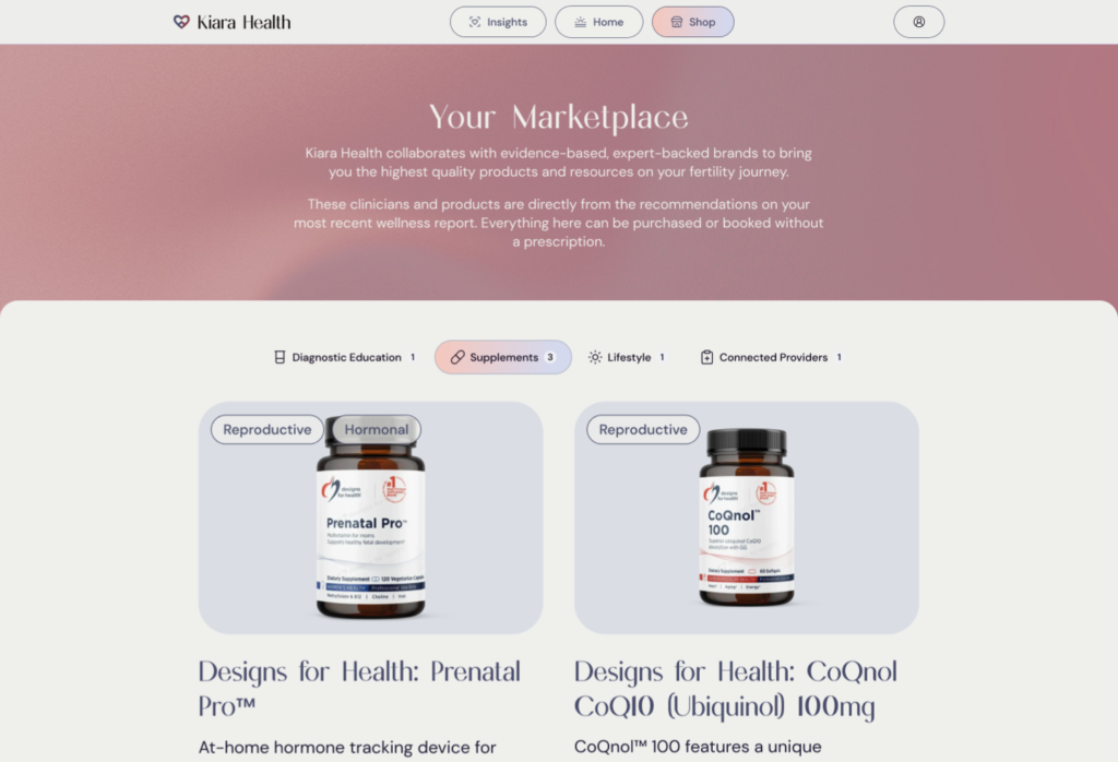 Screenshot of Kiara Express online marketplace showing two reproductive health supplements: Prenatal Pro capsules and CoQnol 100mg, each with a product image and brief description. , Kiara Health Fertility