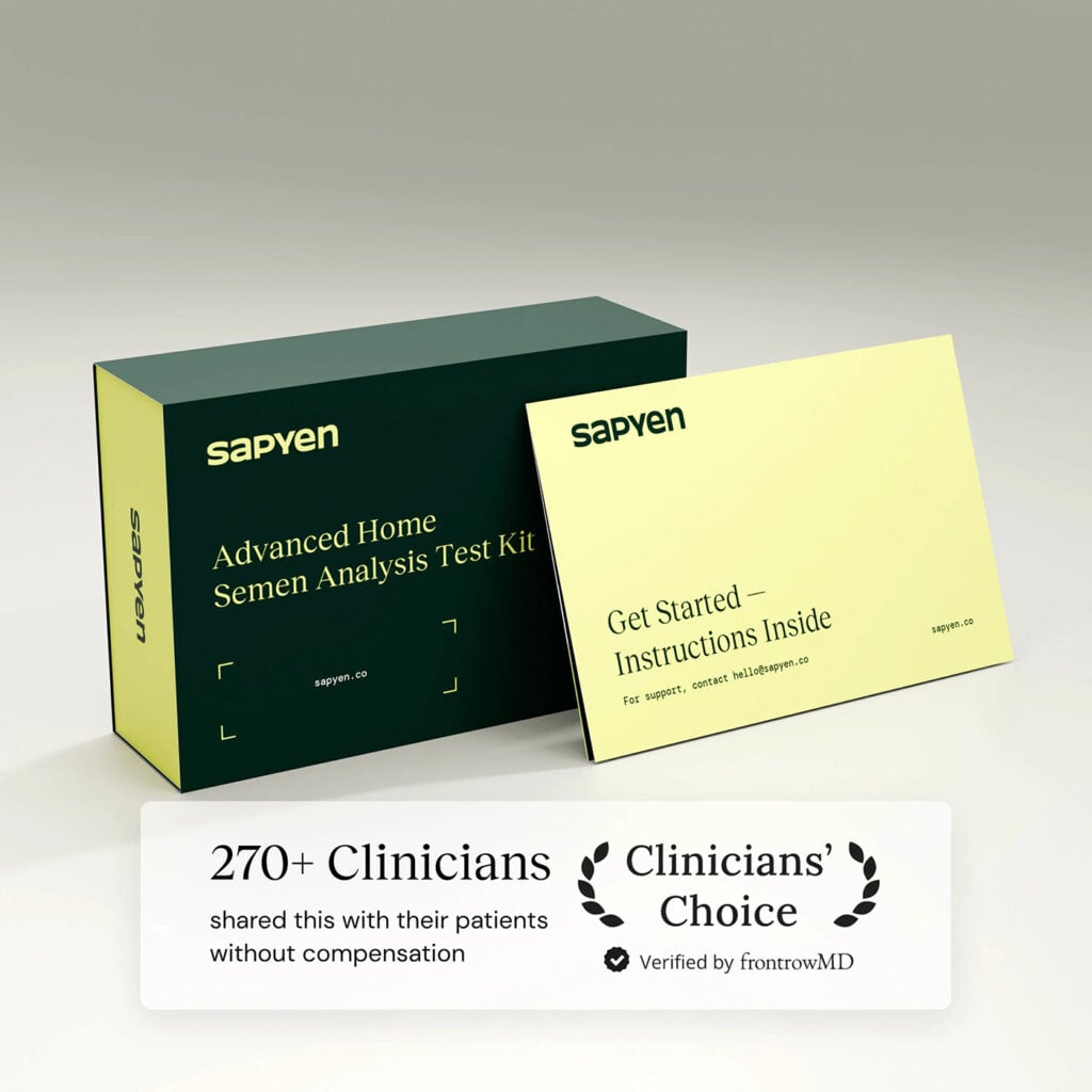 A Sapyen Advanced Home Semen Analysis Test Kit box and instruction card are displayed beside a badge noting endorsement by 270+ clinicians and verification by frontrowMD, highlighting Sapyen’s commitment to accessible at-home Fertility Testing.