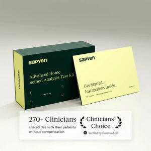 A Sapyen Advanced Home Semen Analysis Test Kit box and instruction card are displayed beside a badge noting endorsement by 270+ clinicians and verification by frontrowMD, highlighting Sapyen’s commitment to accessible at-home Fertility Testing.