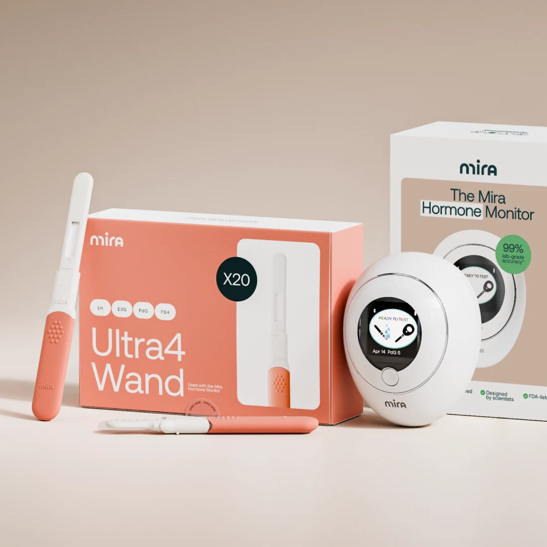 Mira hormone monitor device with its packaging, a box of Ultra4 Wands, and two test wands. , Kiara Health Fertility